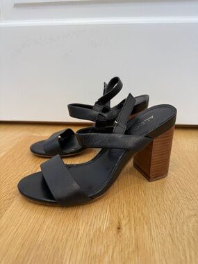 Aldo Black Leather Block Heel Sandals with Brown Stacked Heel